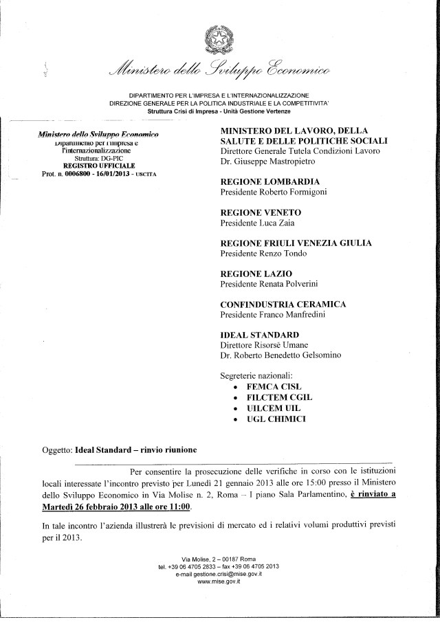 ideal standard convocazione mise - rinvio al 26 febbraio 20-001